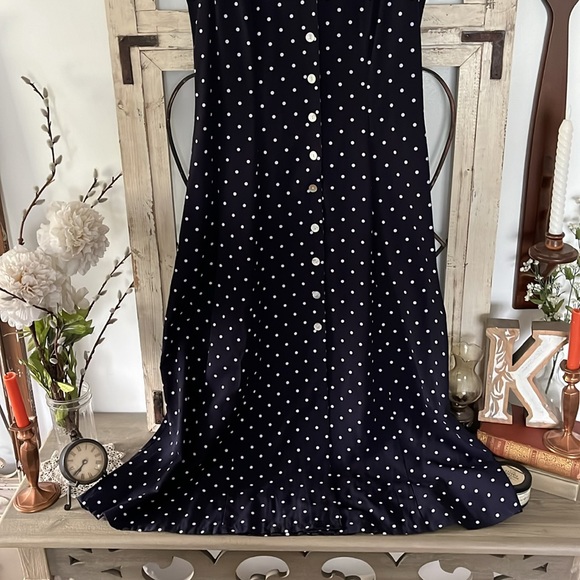 Vintage Navy and White Polka Dot Button Down Sleeveless Sheri Martin Midi Dress - Picture 3 of 10